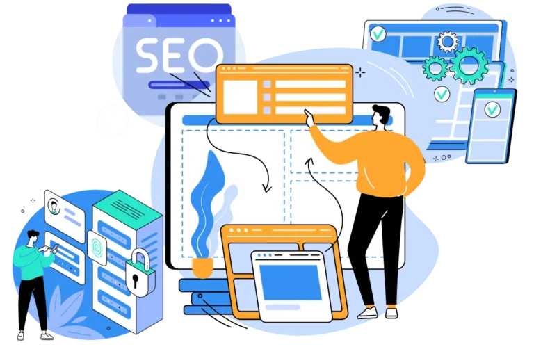 Illustration de l'optimisation SEO et de la gestion des sites internet par Progweb, montrant des éléments comme le SEO, les analyses de performance et la sécurité