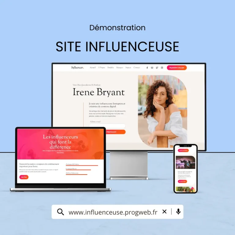 Démo du site internet pour influenceuse par Progweb, affiché sur ordinateur, tablette et smartphone