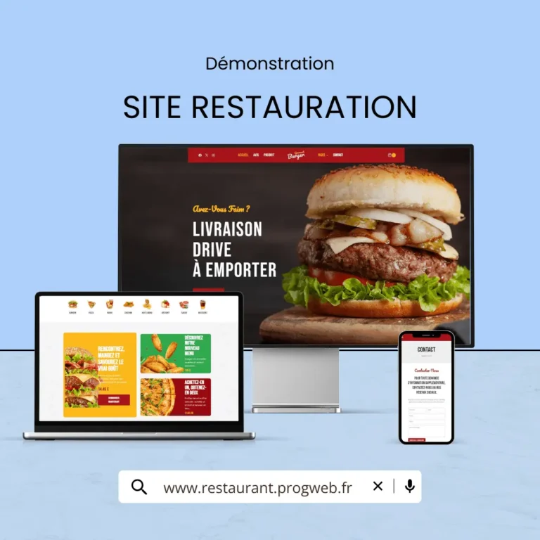 Démo du site internet de restauration par Progweb, affiché sur ordinateur, tablette et smartphone