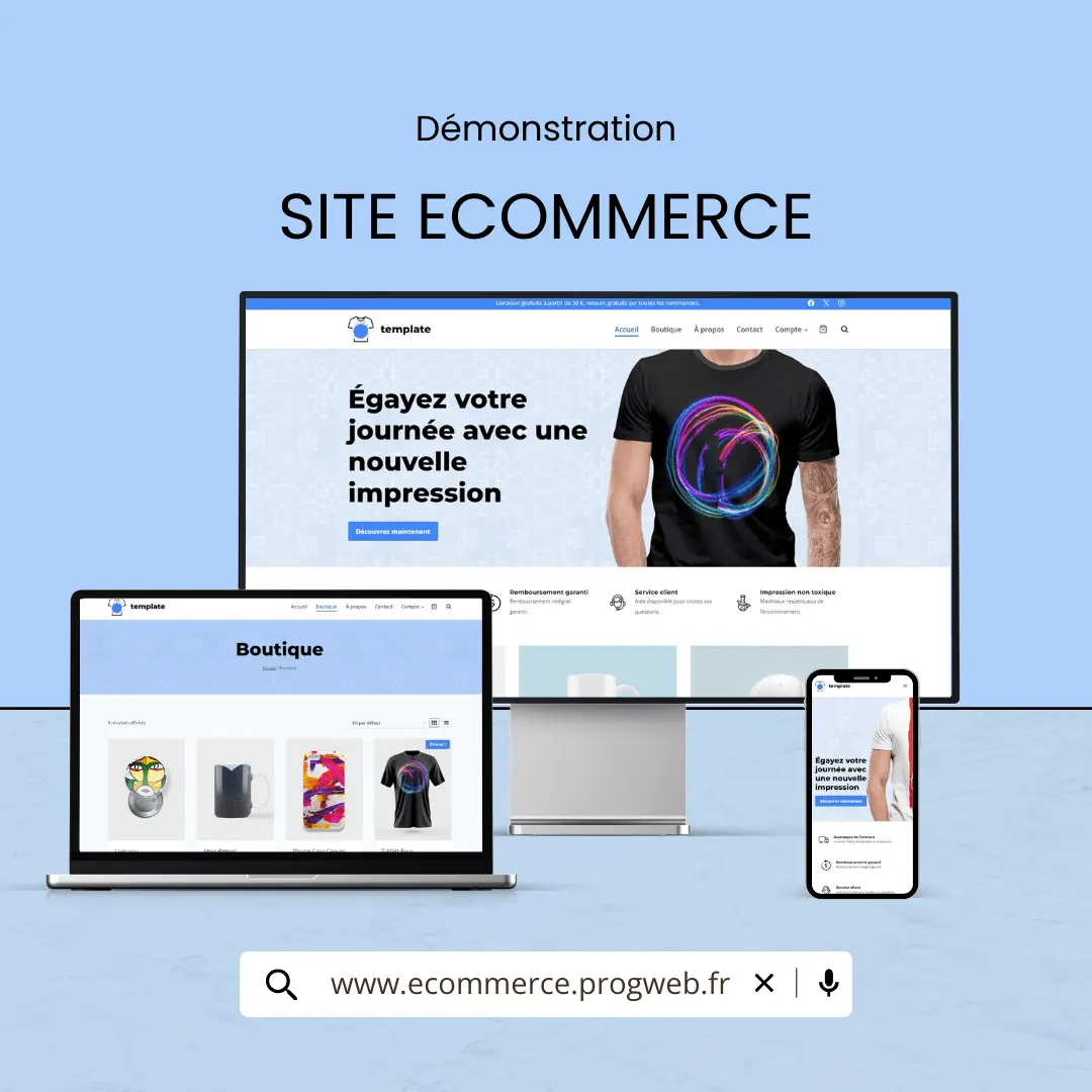 Démo du site internet e-commerce par Progweb, affiché sur ordinateur, tablette et smartphone