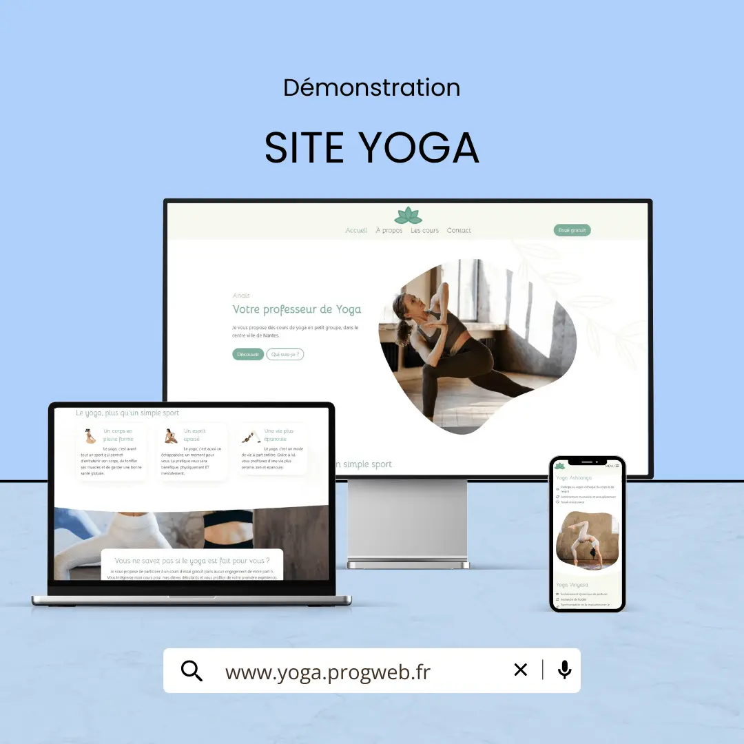 Portfolio de sites web : Démo du site internet de yoga par Progweb, affiché sur ordinateur, tablette et smartphone