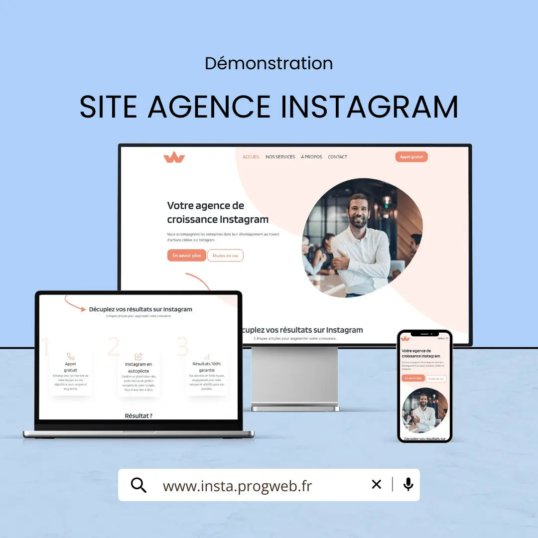 Démo du site internet de l'agence Instagram par Progweb, affiché sur ordinateur, tablette et smartphone